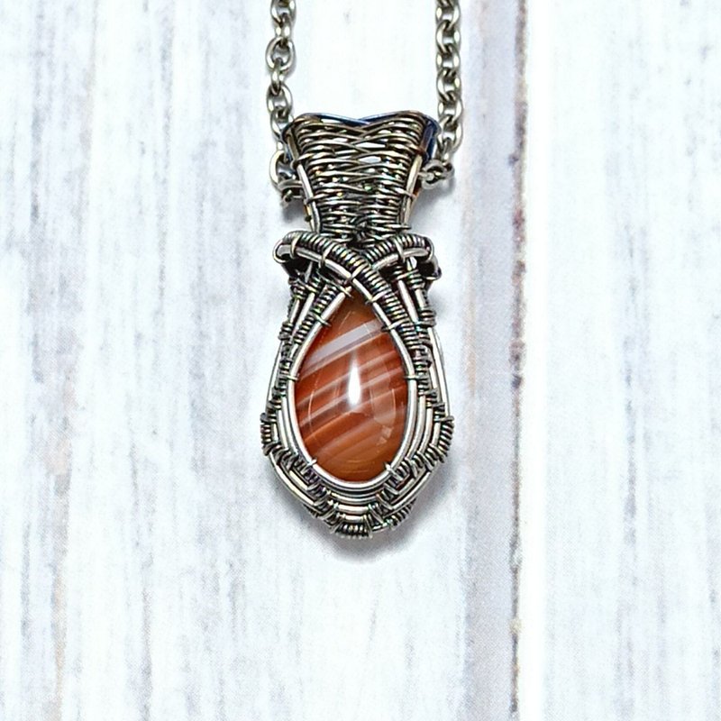 Carnelian Sardonyx Pendant Necklace Titanium Wire Wrapped Metal Allergy Free - สร้อยคอ - เครื่องประดับพลอย หลากหลายสี