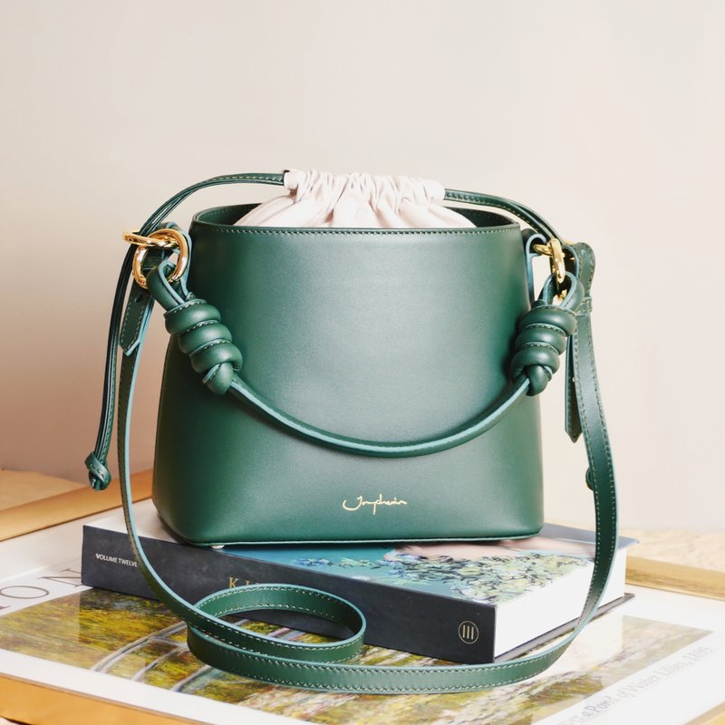真皮包Fuji Bucket Bag  / 綠色包 Broccoli Green 綠色 斜 - 束口袋/束口背包/水桶包 - 真皮 綠色