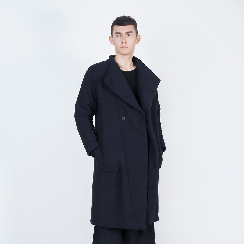 Black and white cut AW black lapel cotton long coat - Men's Coats & Jackets - Cotton & Hemp Black
