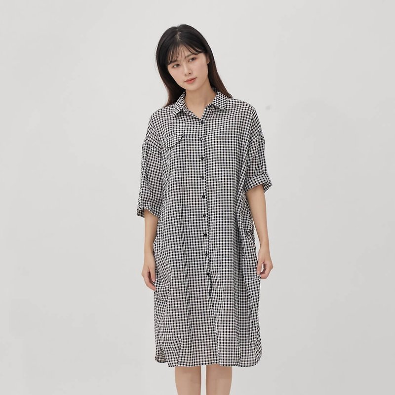 Nancy Cotton Print Pocket Shirt One-piece dress / Black Plaid - ワンピース - コットン・麻 ブラック