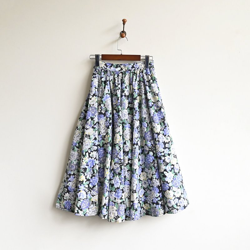 [Egg Plant Vintage] Ocean Water Flower Island Print High Waist Vintage Long Skirt - กระโปรง - ผ้าฝ้าย/ผ้าลินิน สีน้ำเงิน