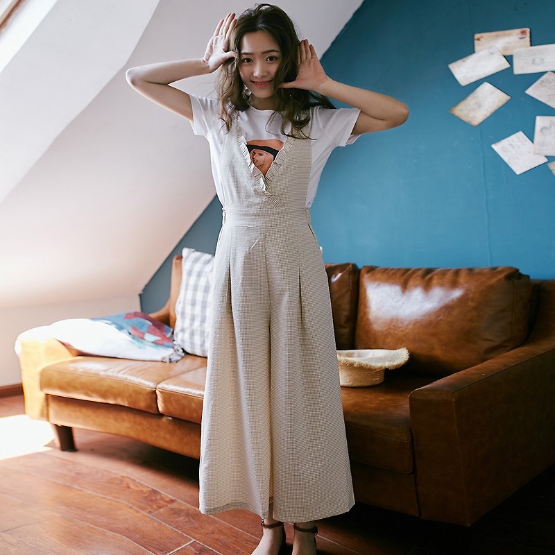 Anne Chen 2018 summer new style art women's waist small lattice straps jumpsuit TXFLS8441 - กางเกงขายาว - เส้นใยสังเคราะห์ ขาว