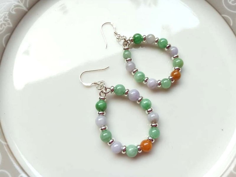 Natural Burmese jade A goods jade ~ colorful jade beads sterling silver earrings - ต่างหู - หยก 