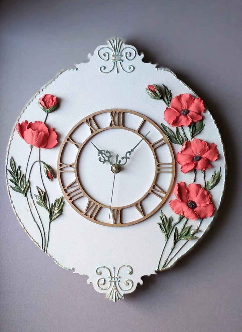 掛鐘 Wall clock with red poppies Wall clock for kitchen Rustic decor Birthday gift - 時鐘/鬧鐘 - 木頭 綠色