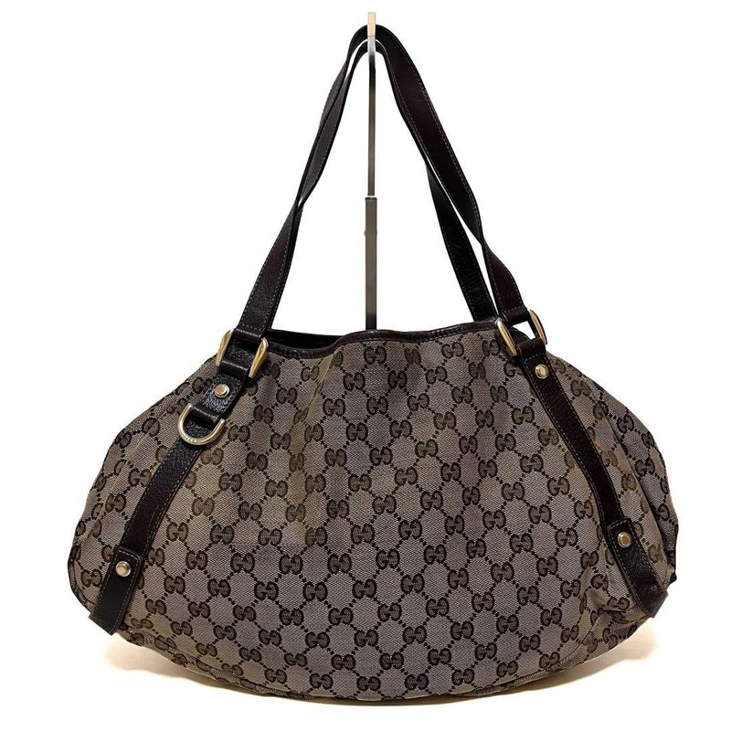 GUCCI グッチ トートバッグ GG キャンバス レザー ベージュ ブラウン 130736 - 手提包/手提袋 - 棉．麻 卡其色