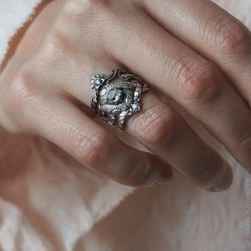 Dragon Ring Herkimer Quartz + Vine Ring Rose Quartz + Twig Ring Tanzanite - 戒指 - 純銀 銀色
