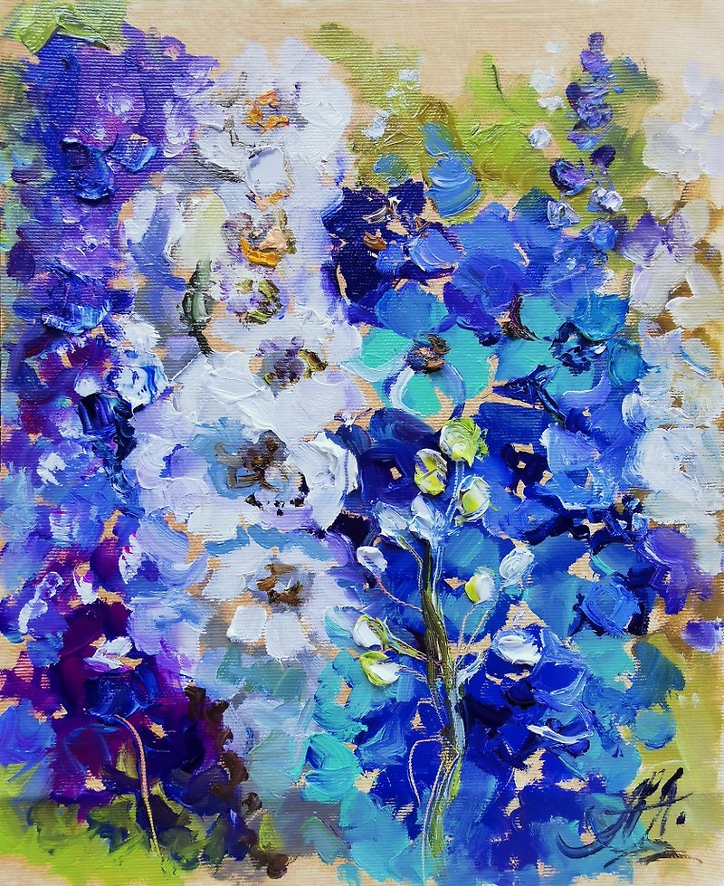 Miniature Flowers oil painting on canvas. Boho style decor. - Wall Décor - Cotton & Hemp Blue