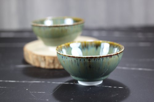 自然釉文創工作室 【我愛媽媽】綠瀑 天目釉對杯組 茶碗 鶯歌陶藝名家葉敏祥作品