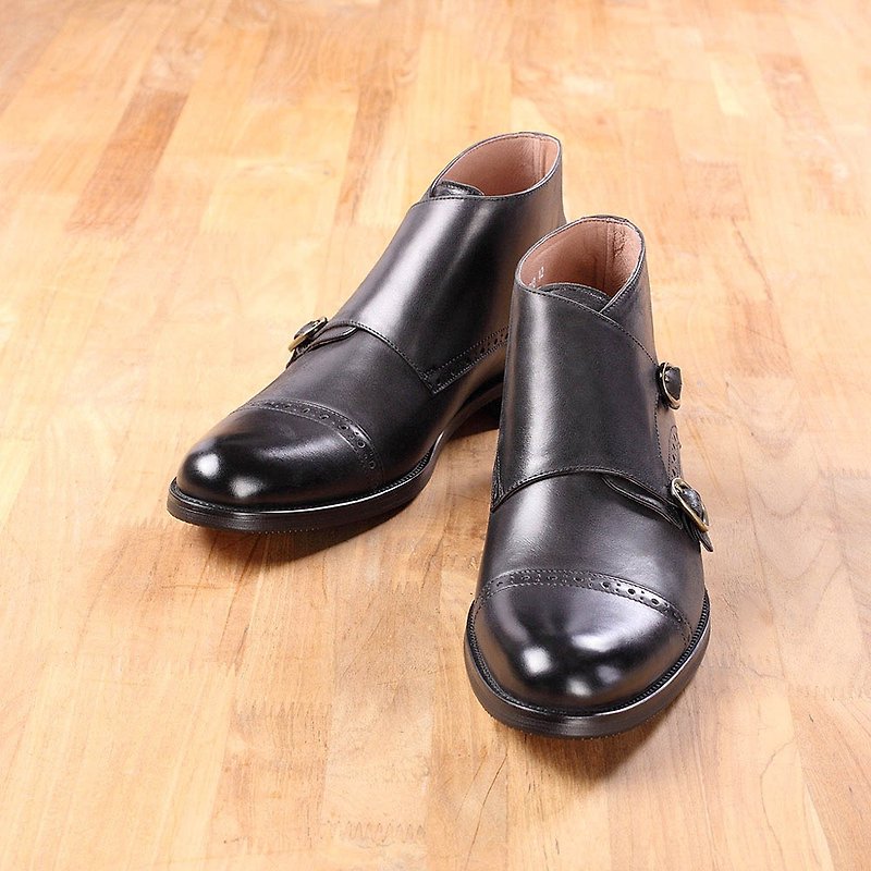 Vanger 簡約都會雙釦孟克矮靴 Va218黑 - 男休閒鞋 - 真皮 黑色