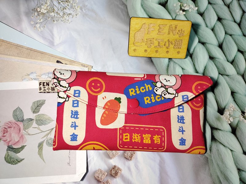 Single layer cloth red envelope bag-handmade cloth red envelope bag with cute rabbit auspicious words-universal storage bag-passbook bag- - Chinese New Year - Cotton & Hemp 