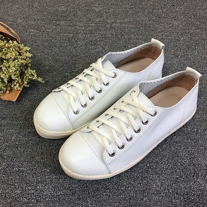Small white shoes lazy shoes shoes after stepping on two wearing super soft anti-splashing calf leather cushion white shoes (7HB white) - Women's Casual Shoes - Genuine Leather White