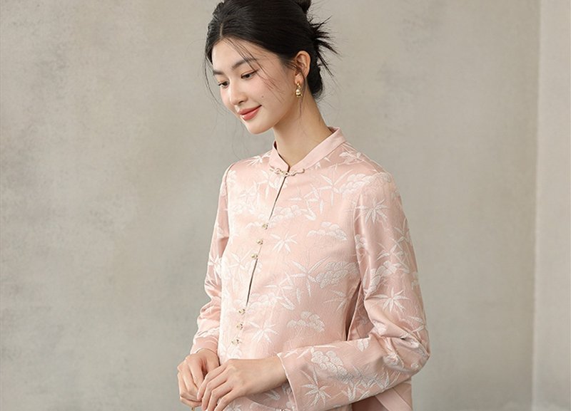 New Chinese style Chinese style embossed jacquard straight shoulder layered top/skirt - เสื้อผู้หญิง - วัสดุอื่นๆ สึชมพู