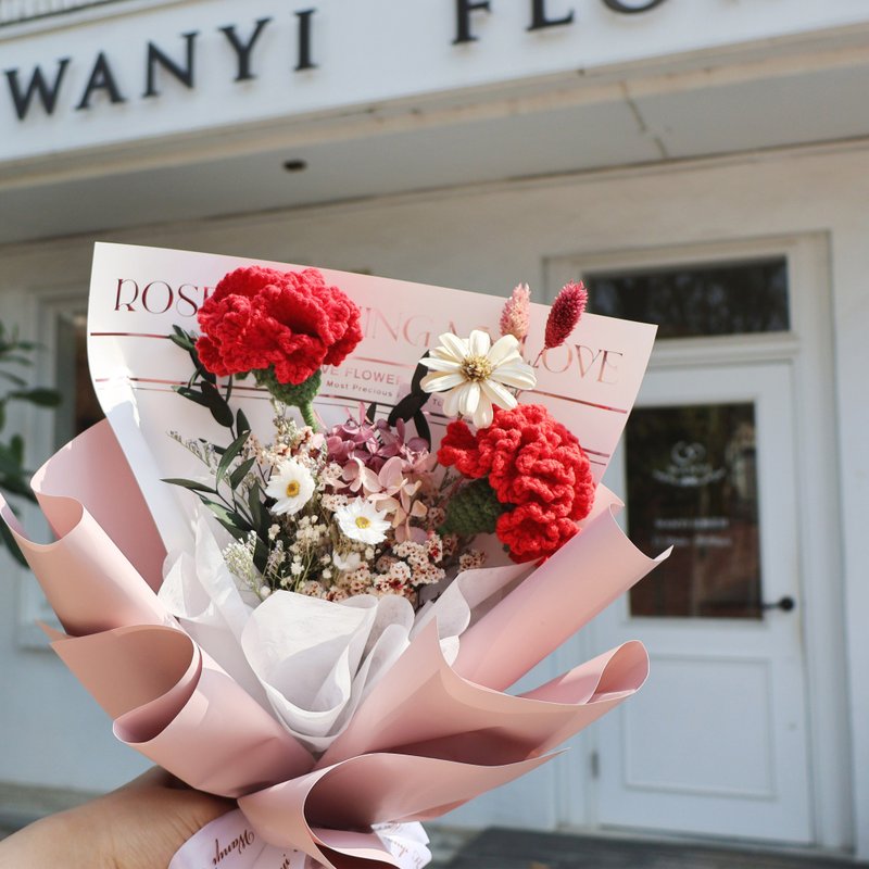 Braided carnation French letter carnation bouquet + transparent window bag set Mother's Day bouquet gift - ช่อดอกไม้แห้ง - พืช/ดอกไม้ สีแดง