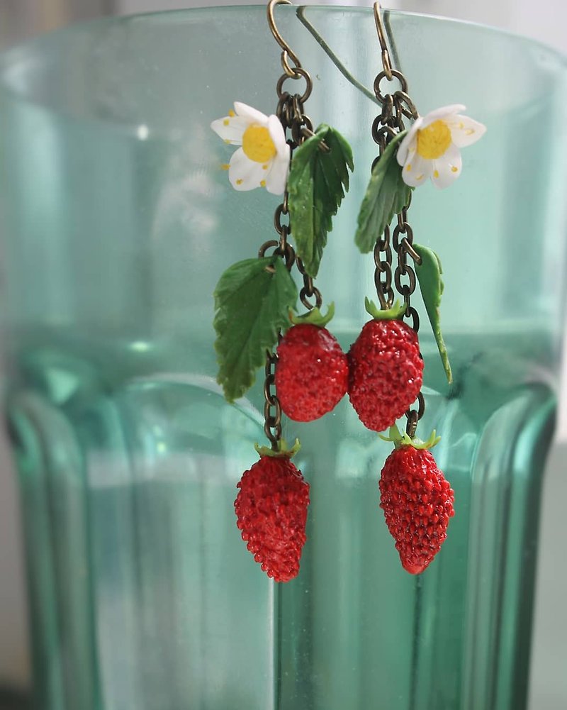 Strawberry clay earrings dangle earrings - Earrings & Clip-ons - Other Materials Red