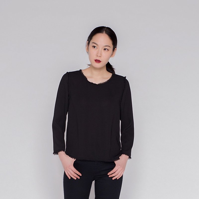 Alternative Fringe Long Sleeve Shirt Wash Fringe Top - Women's Tops - Polyester Black