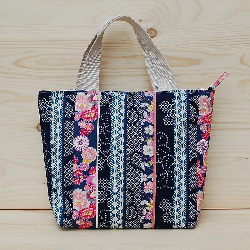 日式圖案拉鏈手提袋 - 手提包/手提袋 - 棉．麻 藍色