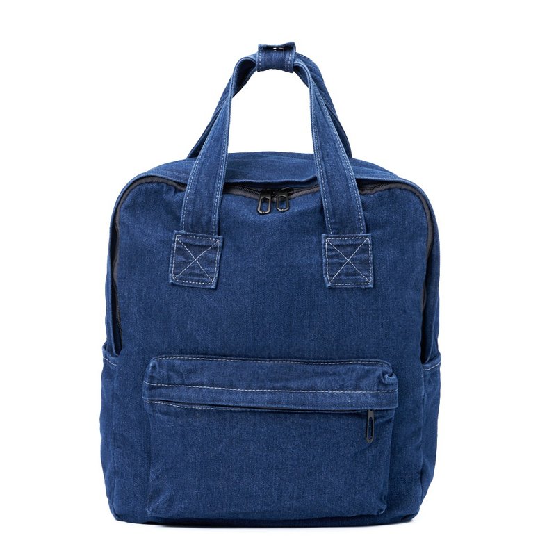 Dark blue denim canvas square casual backpack - Backpacks - Cotton & Hemp Blue