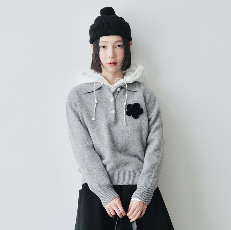 Gray alpaca knitted Polo shirt/sweater - สเวตเตอร์ผู้หญิง - ขนแกะ สีเทา