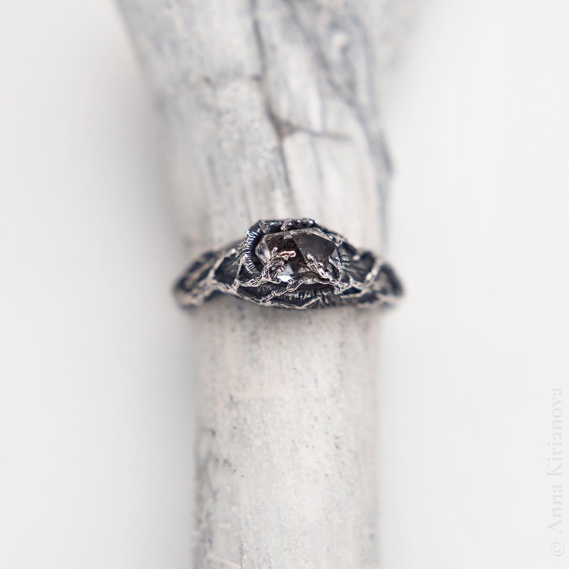 Tree Ring with Raw Herkimer Quartz - General Rings - Sterling Silver Silver