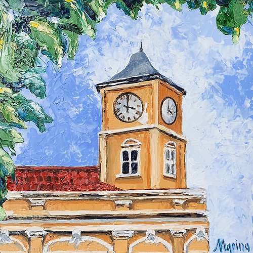 marina-fisher-art Clock Tower Painting Phuket Town Original Art Thailand Old Cityscape Wall Art