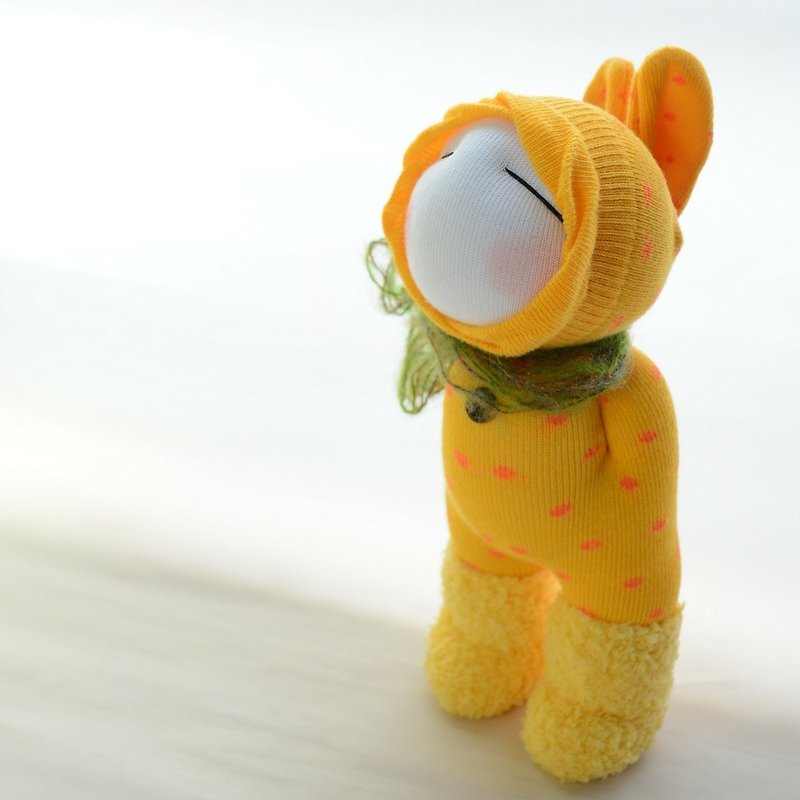 Natural style handmade sock doll ~ girl in bunny outfit with yellow fur boots - ตุ๊กตา - ผ้าฝ้าย/ผ้าลินิน สีเหลือง