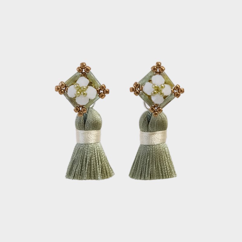 Tile Tassel Earrings - Sage Green, Earrings Clip - ต่างหู - แก้ว สีเขียว