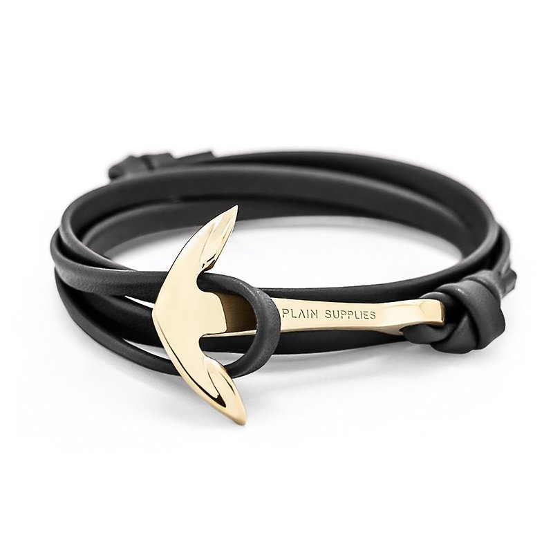 Gold Anchor Black Leather Bracelet - สร้อยข้อมือ - หนังแท้ สีทอง