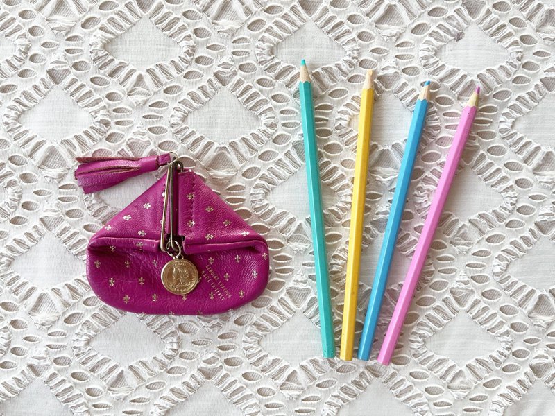 80s Slide Snap Genuine leather embossed gold fleur de lis coin purse with tassel - 零錢包/小錢包 - 真皮 粉紅色