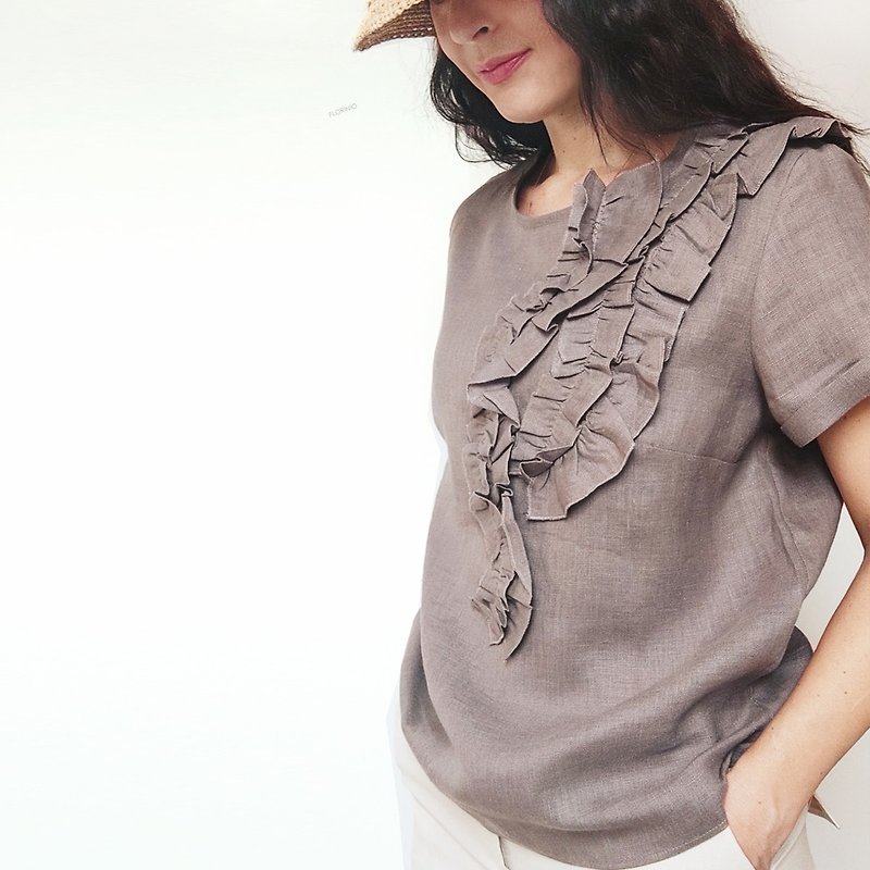 Linen top with ruffles / Women's summer top/ Beige+other colors top XS-XXL sizes - Women's T-Shirts - Cotton & Hemp Brown
