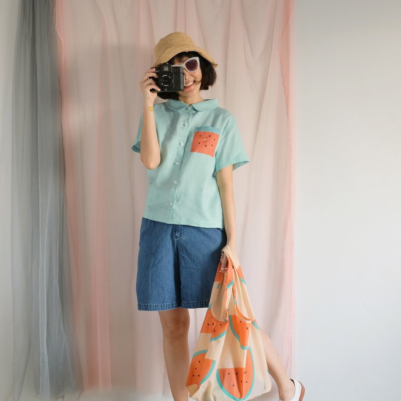 スイカポケット-ピーターパンカラーシャツ - シャツ・ブラウス - コットン・麻 グリーン