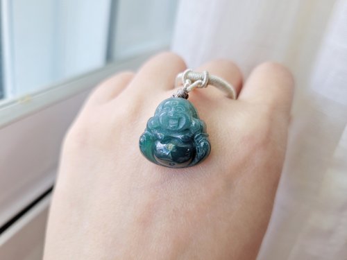 螺絲帽帽工作室 【親翠】天然翡翠 瓜地馬拉冰深藍綠半山半水彌勒佛項鍊 佛系