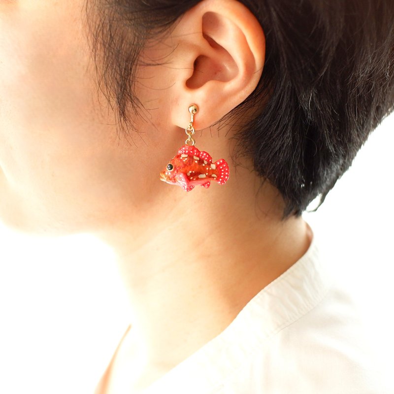 Washi paper accessory Clip-On/pierced earrings, rockfish, sea fish - ต่างหู - กระดาษ สีแดง