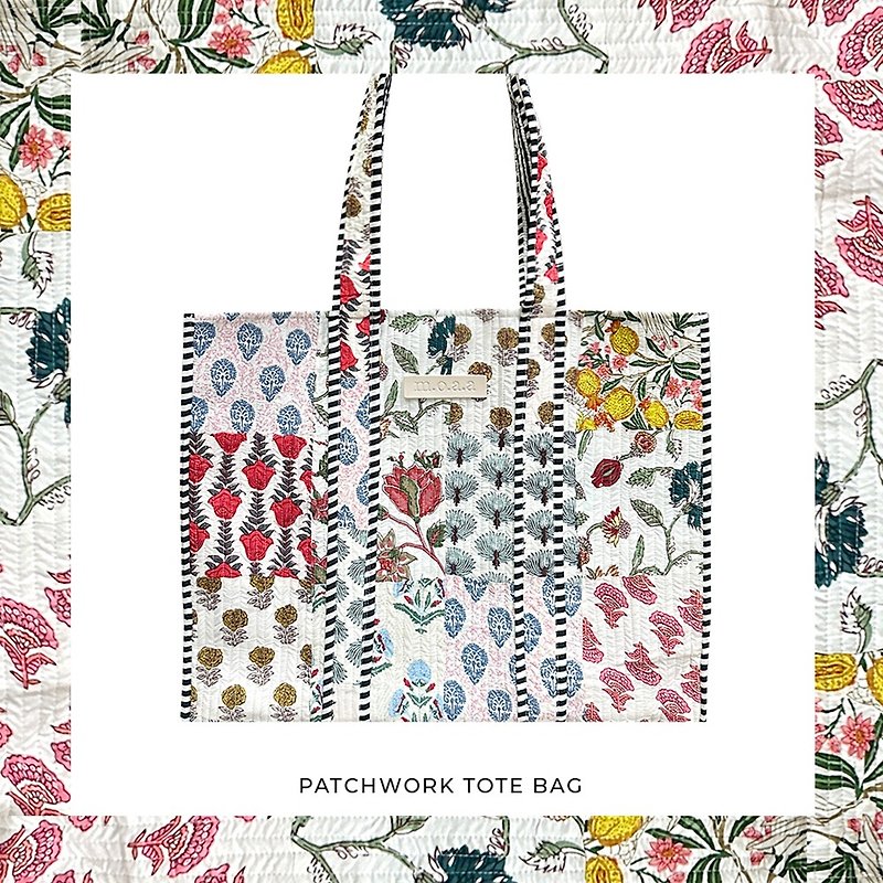 Patchwork Quilted Tote Bag - กระเป๋าถือ - ผ้าฝ้าย/ผ้าลินิน ขาว