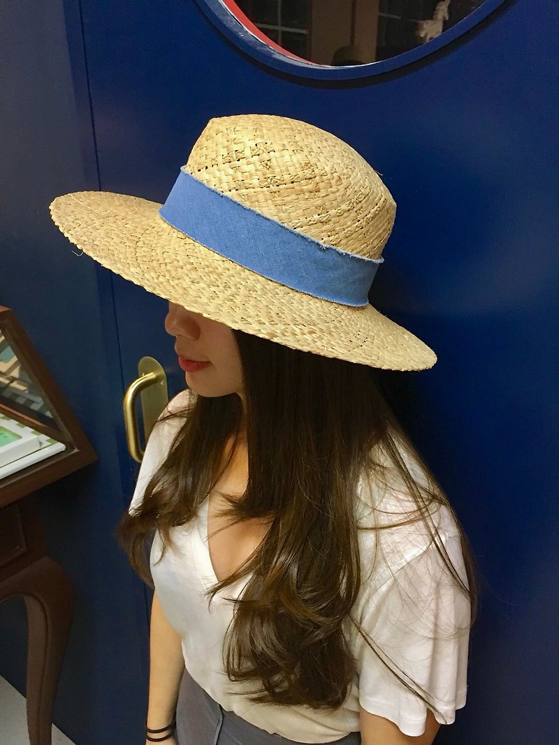 Denim Trimmed Straw Hat - 帽子 - 其他材質 藍色