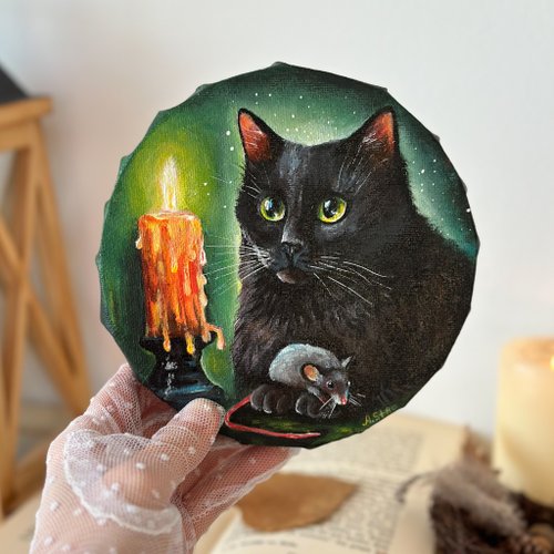 黒猫ミー雲の上シリーズ絵画２点 猫 絵画 黒猫 アクリル画 香月和夫 「ゆらゆら黒猫」 額付き