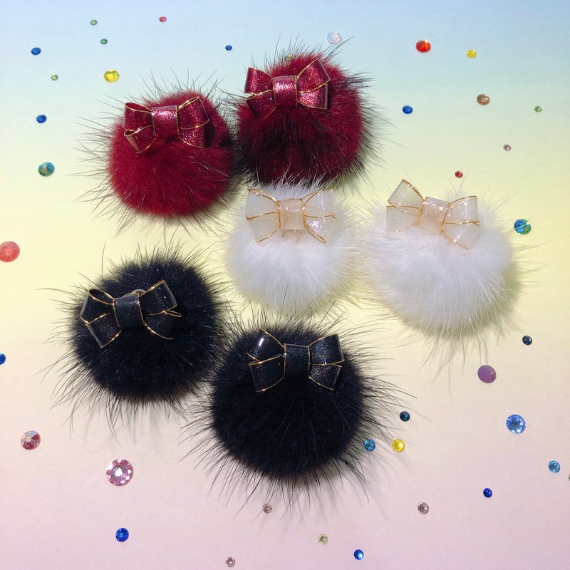 【雙緞帶蝴蝶結毛毛球】 閃亮亮款 樹脂耳環 蒔花 Blossom Time - 耳環/耳夾/耳骨夾 - 樹脂 