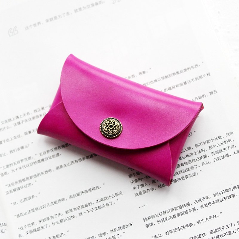 Rose red carved buckle handmade leather business card box card bag small wallet purse purse - Coin Purses - Genuine Leather Pink