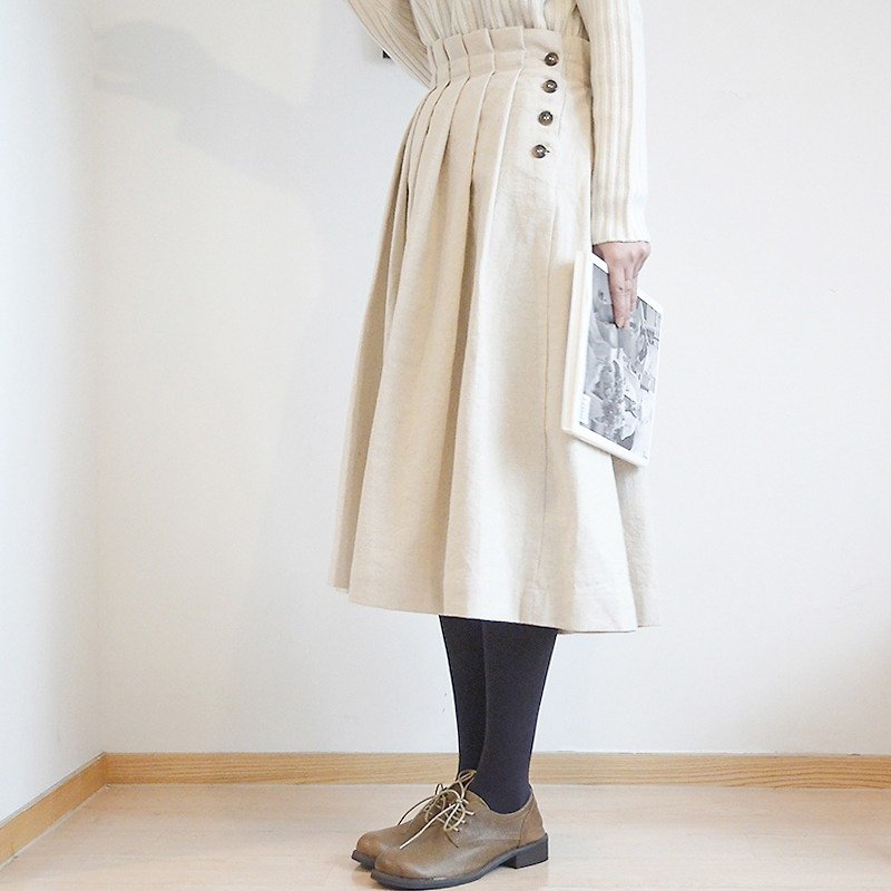 米白色壓皺百褶半身裙|裙子|日本棉麻混紡|獨立品牌|Sora-77 - 裙子/長裙 - 棉．麻 白色