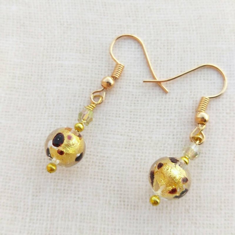 [Venetian Glass Beads] Chocolate Leopard Round Gold Foil Murano Glass Bead Earrings (Clip-on Available) - Earrings & Clip-ons - Glass Yellow