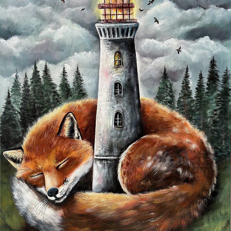 Original canvas painting Fox and Lighthouse, Fox wall art, Forest landscape, Sky - Wall Décor - Cotton & Hemp Multicolor