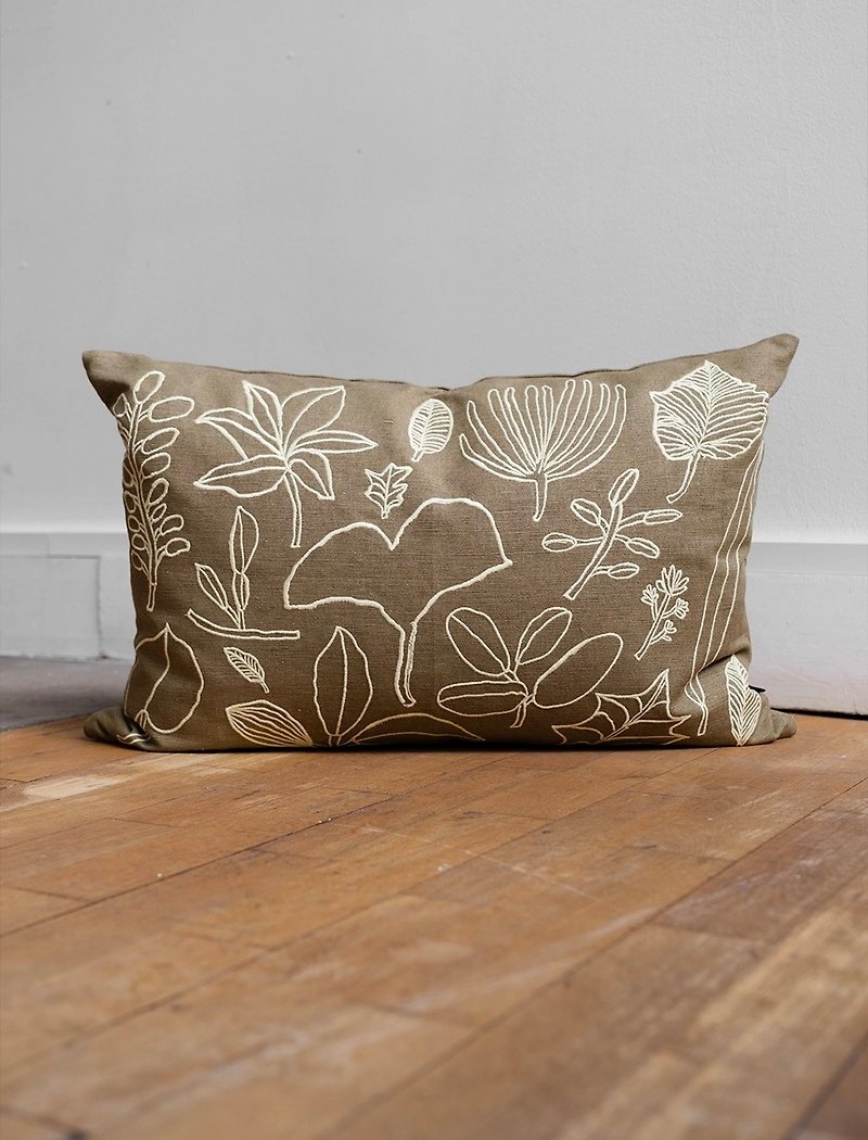 MOGU TAKAHASHI - Joint embroidered pillowcase BOTANIC LEAVES, GREEN (35x58 - Pillows & Cushions - Cotton & Hemp Khaki