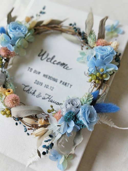 四季花緒 玫瑰藍的純真|畫布上的花圈|乾燥花|不凋花|婚禮配件|送禮|客製化