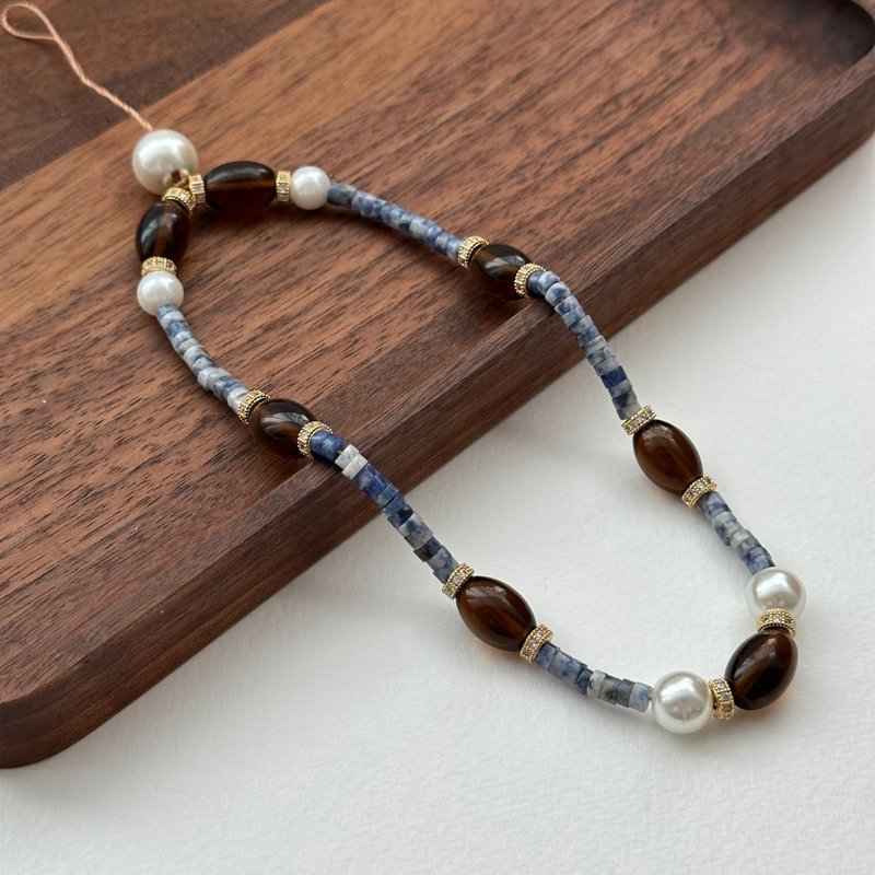 [Mobile phone camera hanging strap] blue point Stone • pearl • citrine • gold-plated lanyard strap - เชือก/สายคล้อง - เครื่องประดับพลอย สีน้ำเงิน