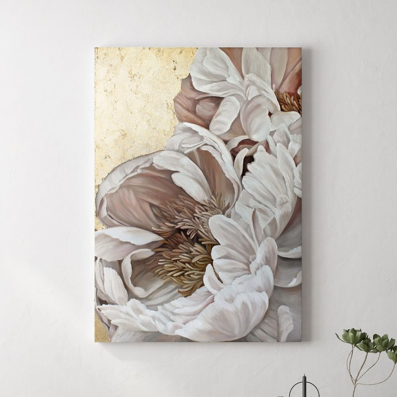 Peony Painting | Flower Gold Painting | Peony Wall Art | Golden Silk Flowers - 壁貼/牆壁裝飾 - 棉．麻 白色