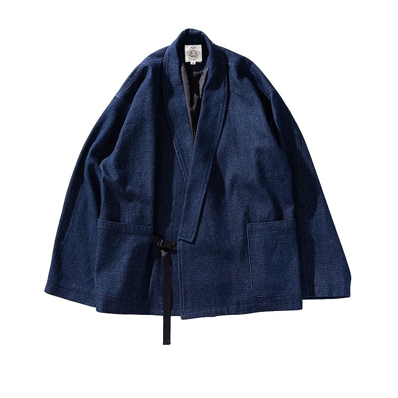 S-CrestTaiwan | Japanese-Style Handmade Kimono Jacket: NAGI - เสื้อโค้ทผู้ชาย - ผ้าฝ้าย/ผ้าลินิน สีน้ำเงิน