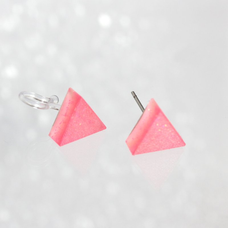 Triangle Resin Earring / Sparkle Rose Pink / Single stud - Earrings & Clip-ons - Resin Pink