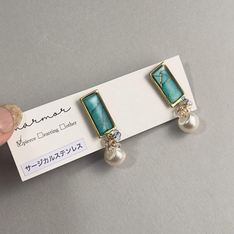 Blue-Green Alcohol Ink Art Earrings with Czech Glass Beads - Earrings & Clip-ons - Resin Green