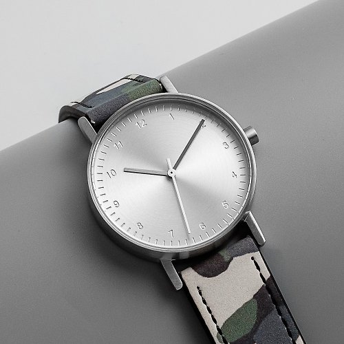 BIJOUONE BIJOUONE彼樹灣 B60系列 銀色表殼 銀色表盤 迷彩綠色皮帶手錶