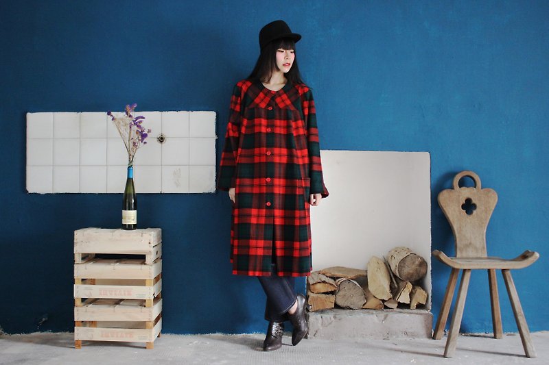 (Italian system) red check wool long-sleeved vintage dress F3155 (Christmas exchange gift) - One Piece Dresses - Wool Red