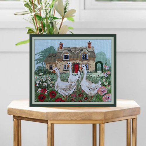 RomanovaCrossStitch Handmade Geese Thread Painting Canvas Wall Art Picture for Living Room Decor